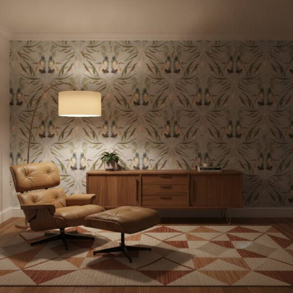 Blue Herons wallpaper in a Mid-Century Modern room