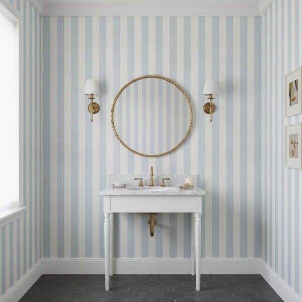 Blue White Stripes Linen Look - Canadian-made Coastal wallpaper from Wallpaper Online Canada