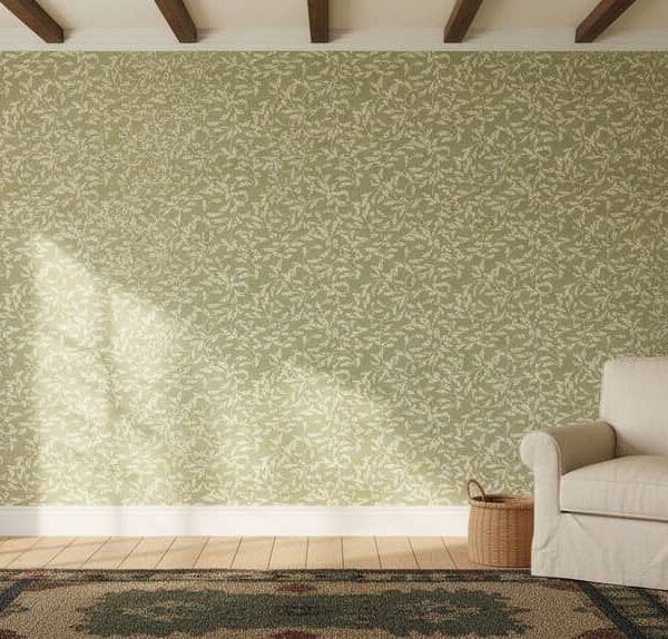 Cottage Charm Winding Leaves in Cream on Green wallpaper in a Cottage Country room