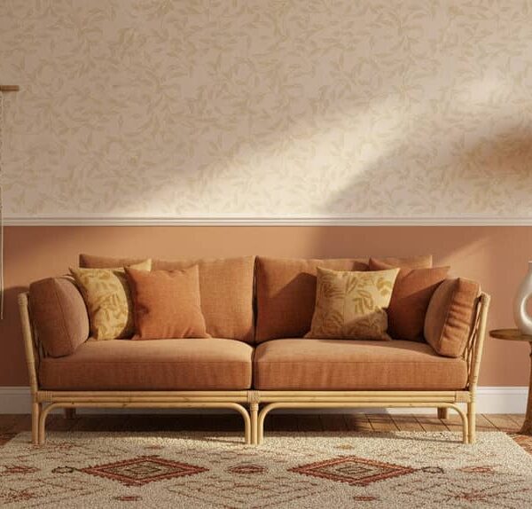 Cottage Charm Winding Leaves in Tan and Cream - Canadian-made peel and stick wallpaper from wallpaperonline.ca - close-up