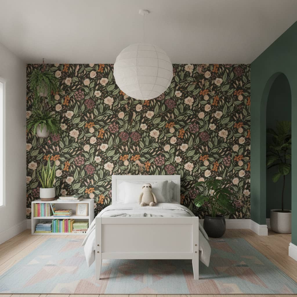 Cottage Core Florals in Autumn Colours wallpaper in a Children's Room room