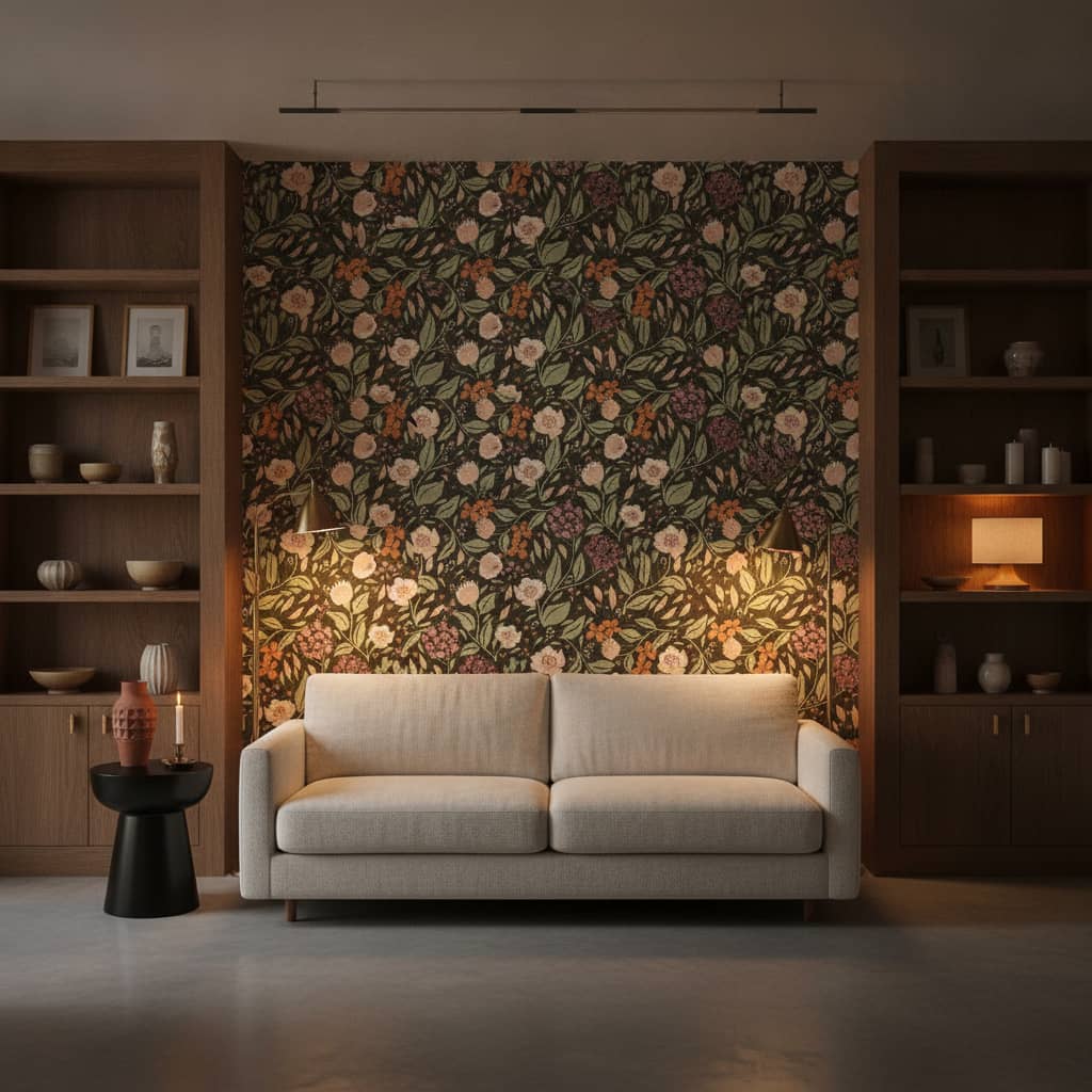 Cottage Core Florals in Autumn Colours wallpaper in a Modern Minimalist room