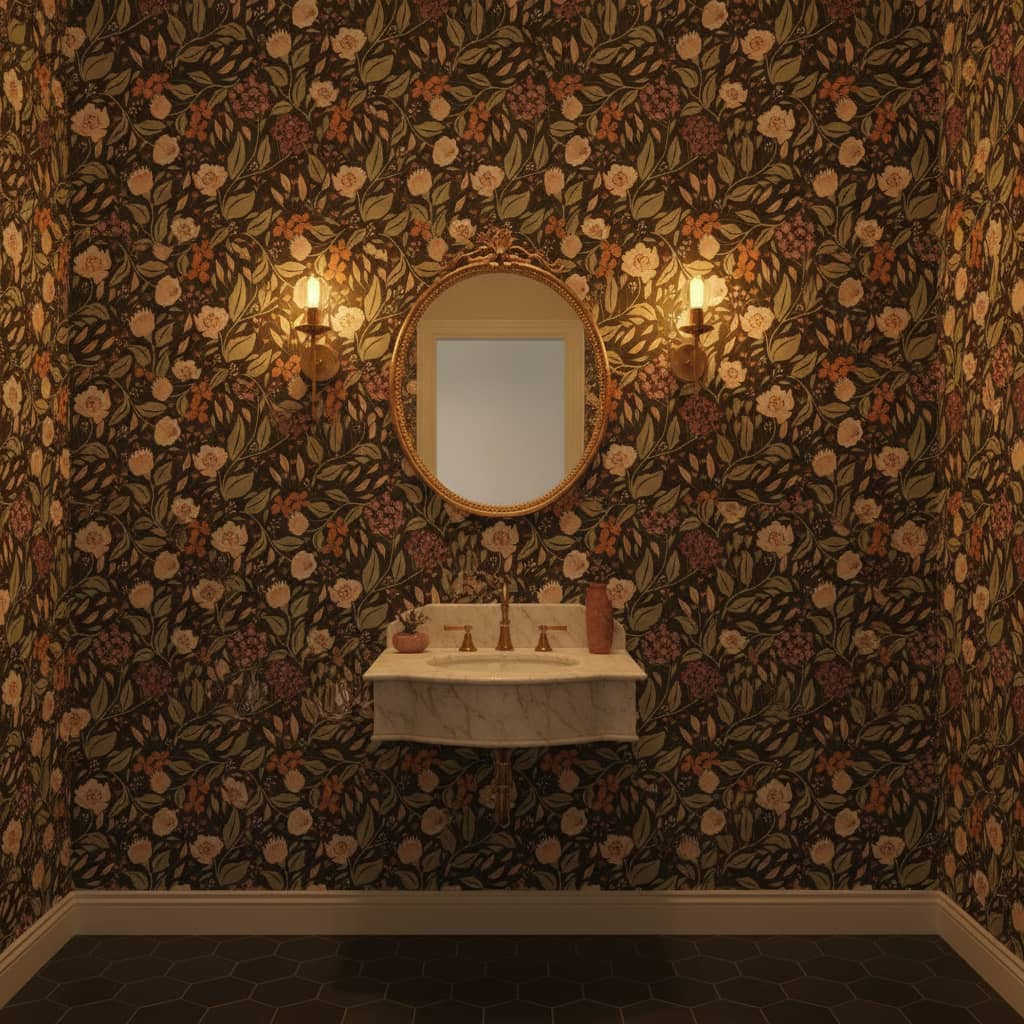 Cottage Core Florals in Autumn Colours - Canadian-made peel and stick wallpaper from wallpaperonline.ca - installed wall