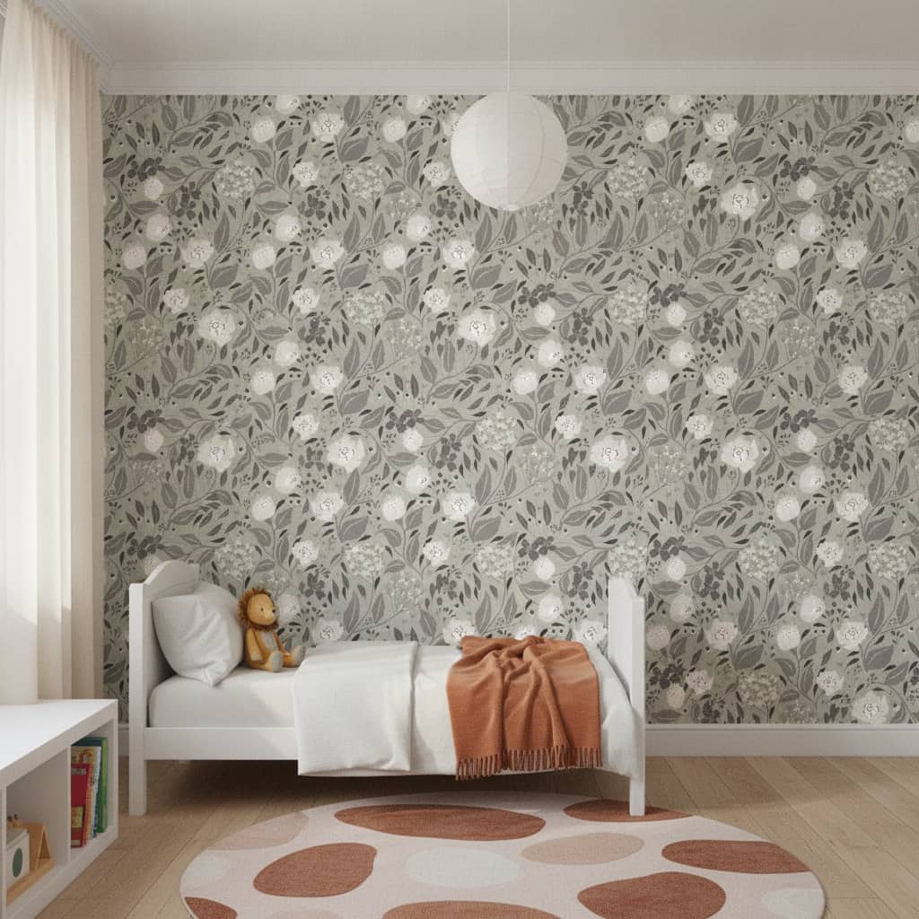 Cottage Core Florals in Muted Shades of Green and Cream wallpaper in a Children's Room room