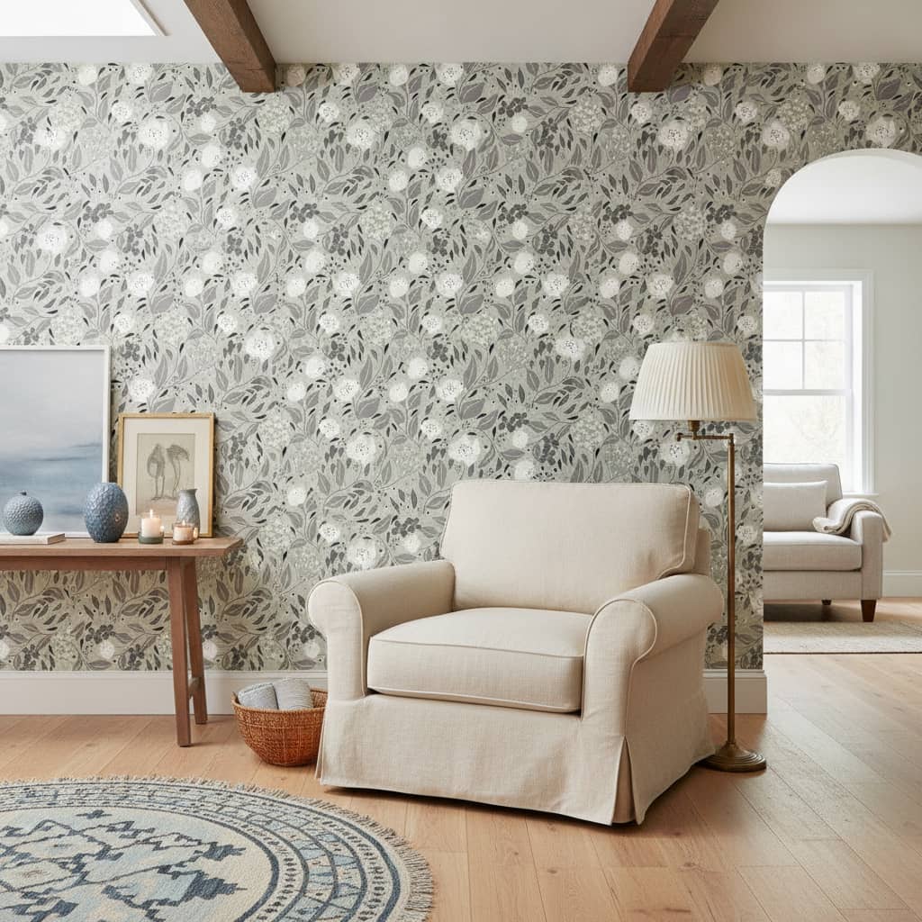 Cottage Core Florals in Muted Shades of Green and Cream wallpaper in a Cottage Country room