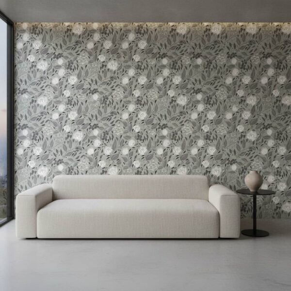 Cottage Core Florals in Muted Shades of Green and Cream wallpaper in a Modern Minimalist room