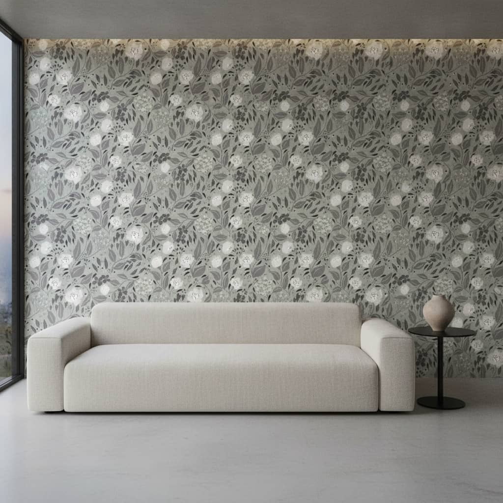Cottage Core Florals in Muted Shades of Green and Cream wallpaper in a Modern Minimalist room