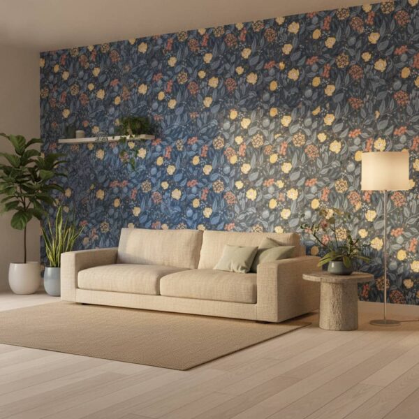 Cottagecore Florals in Blues, Yellow and Peach - Canadian-made peel and stick wallpaper from wallpaperonline.ca - close-up
