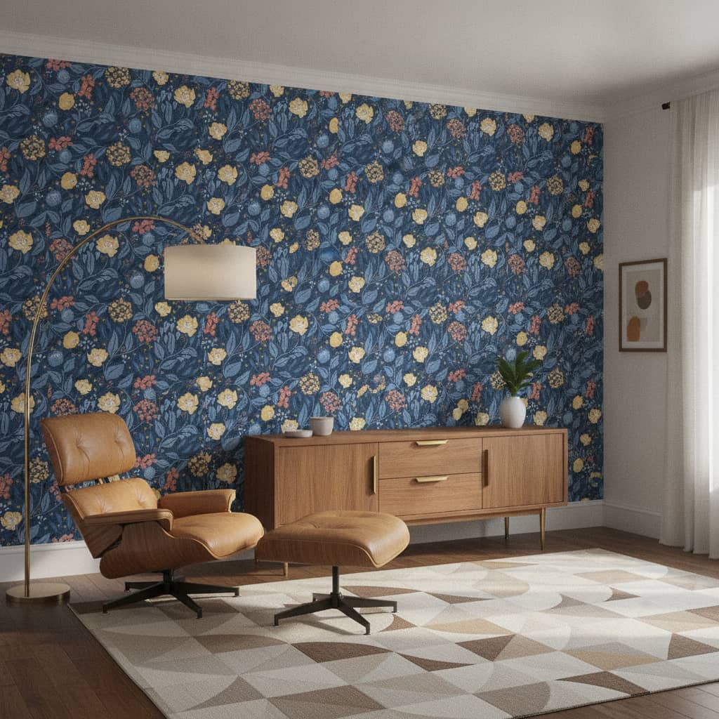 Cottagecore Florals in Blues, Yellow and Peach wallpaper in a Mid-Century Modern room