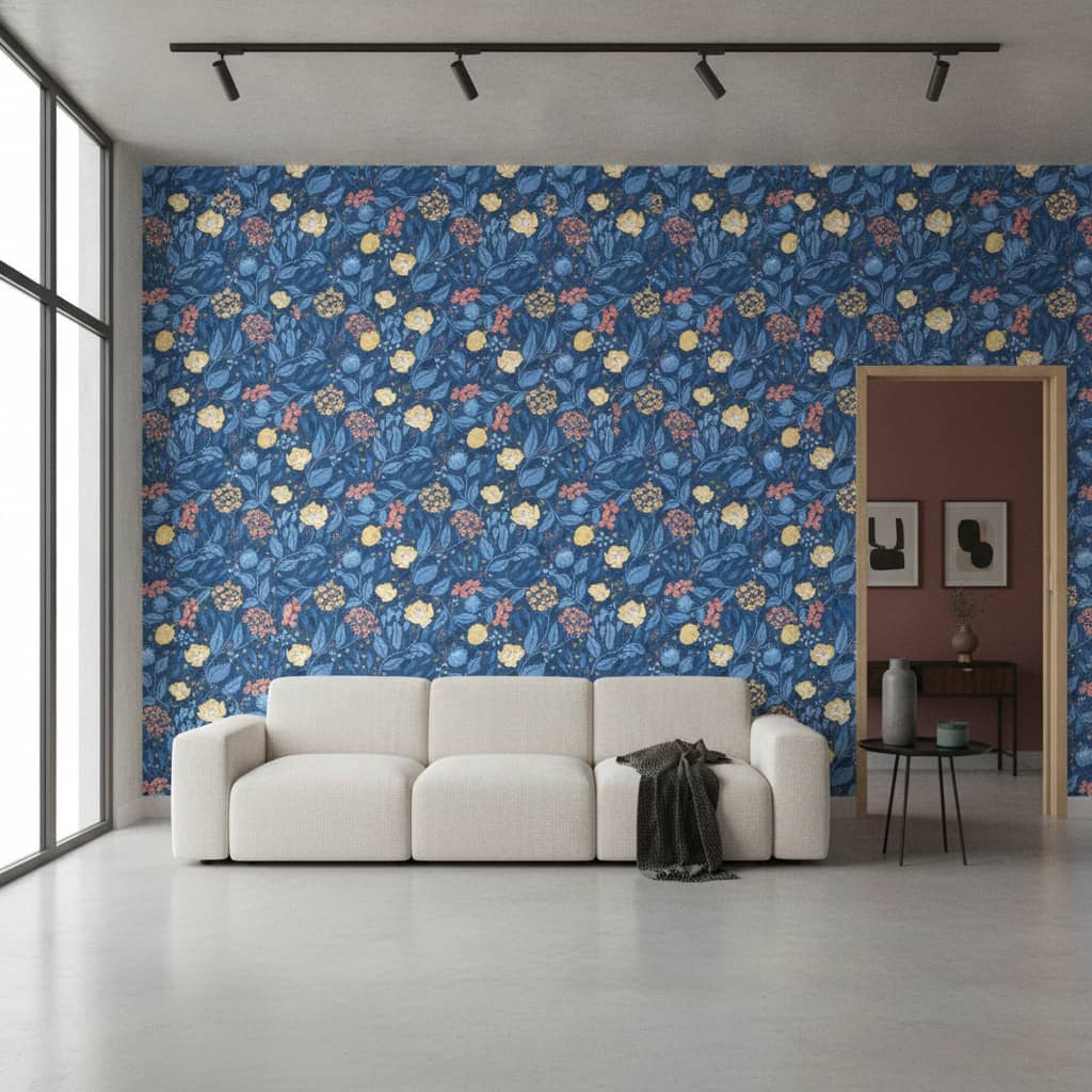 Cottagecore Florals in Blues, Yellow and Peach wallpaper in a Modern Minimalist room