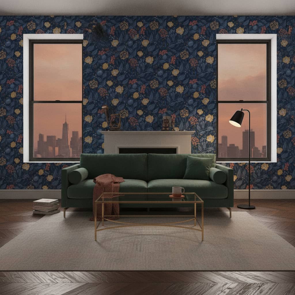Cottagecore Florals in Blues, Yellow and Peach wallpaper in a NYC Apartment room
