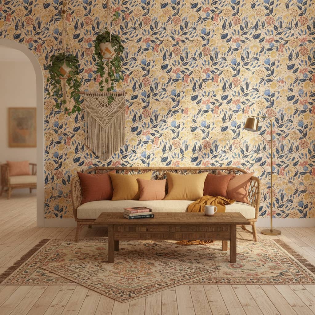 Botanicals wallpaper: Cottagecore Florals in Butter Yellow, Blues and Pinks, made in Canada - room setting preview