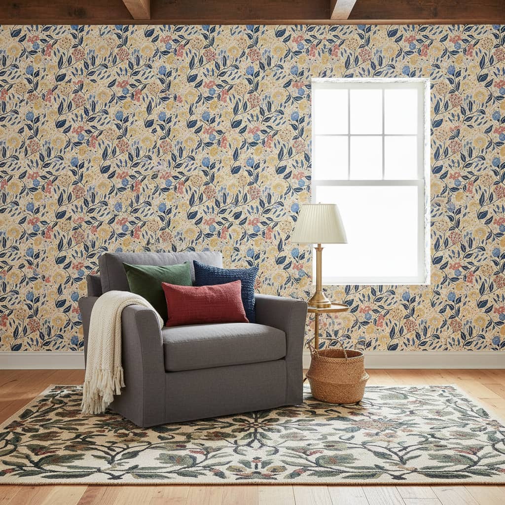 Cottagecore Florals in Butter Yellow, Blues and Pinks wallpaper in a Cottage Country room