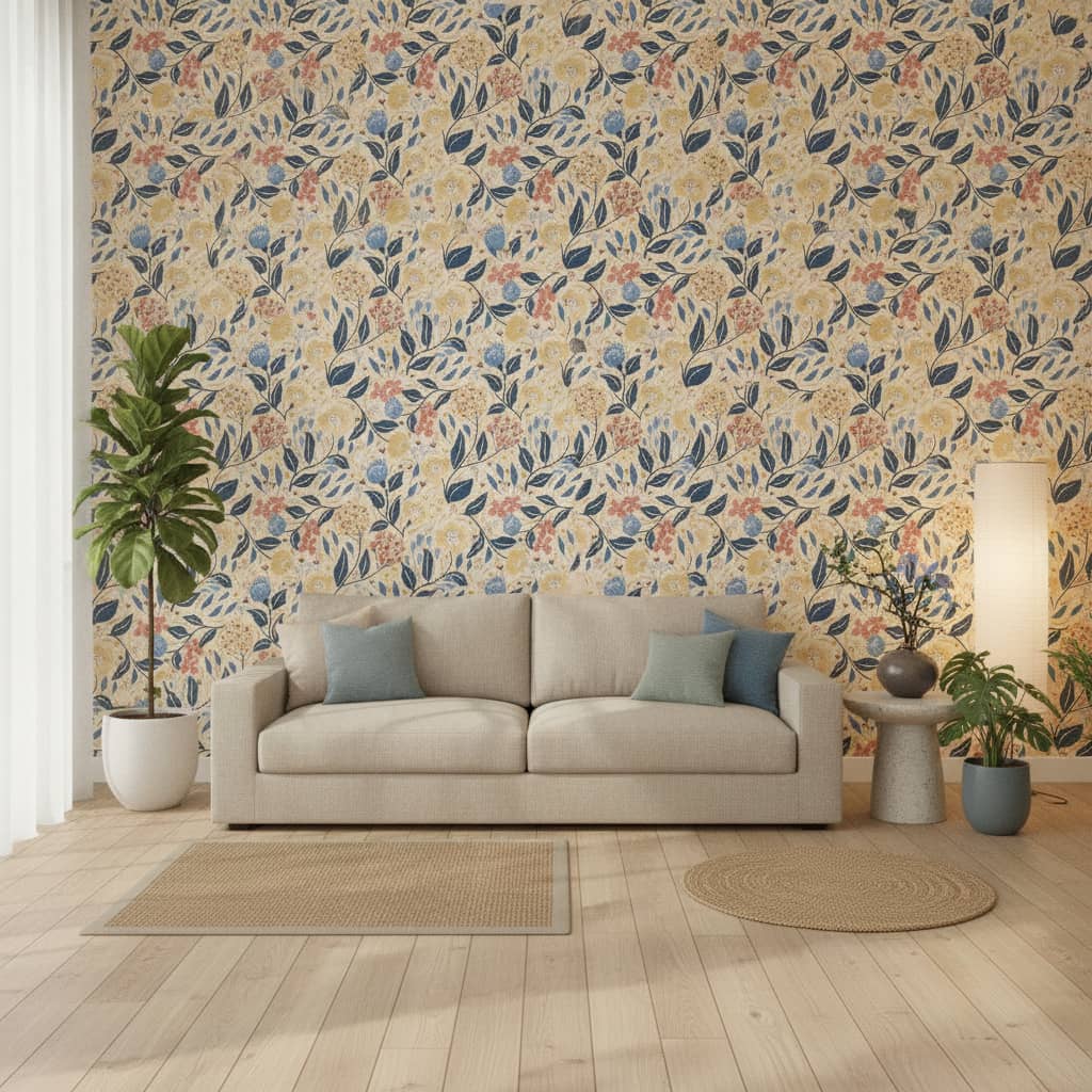 Cottagecore Florals in Butter Yellow, Blues and Pinks - Canadian-made peel and stick wallpaper from wallpaperonline.ca -