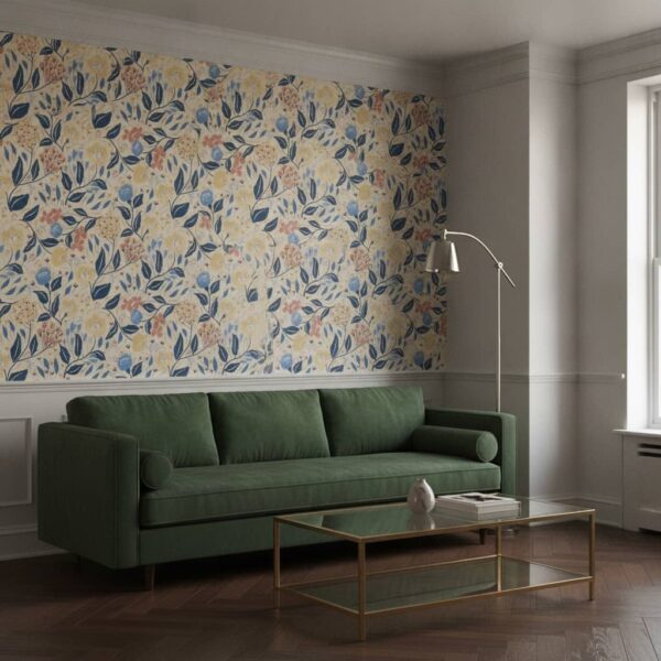 Cottagecore Florals in Butter Yellow, Blues and Pinks wallpaper in a NYC Apartment room