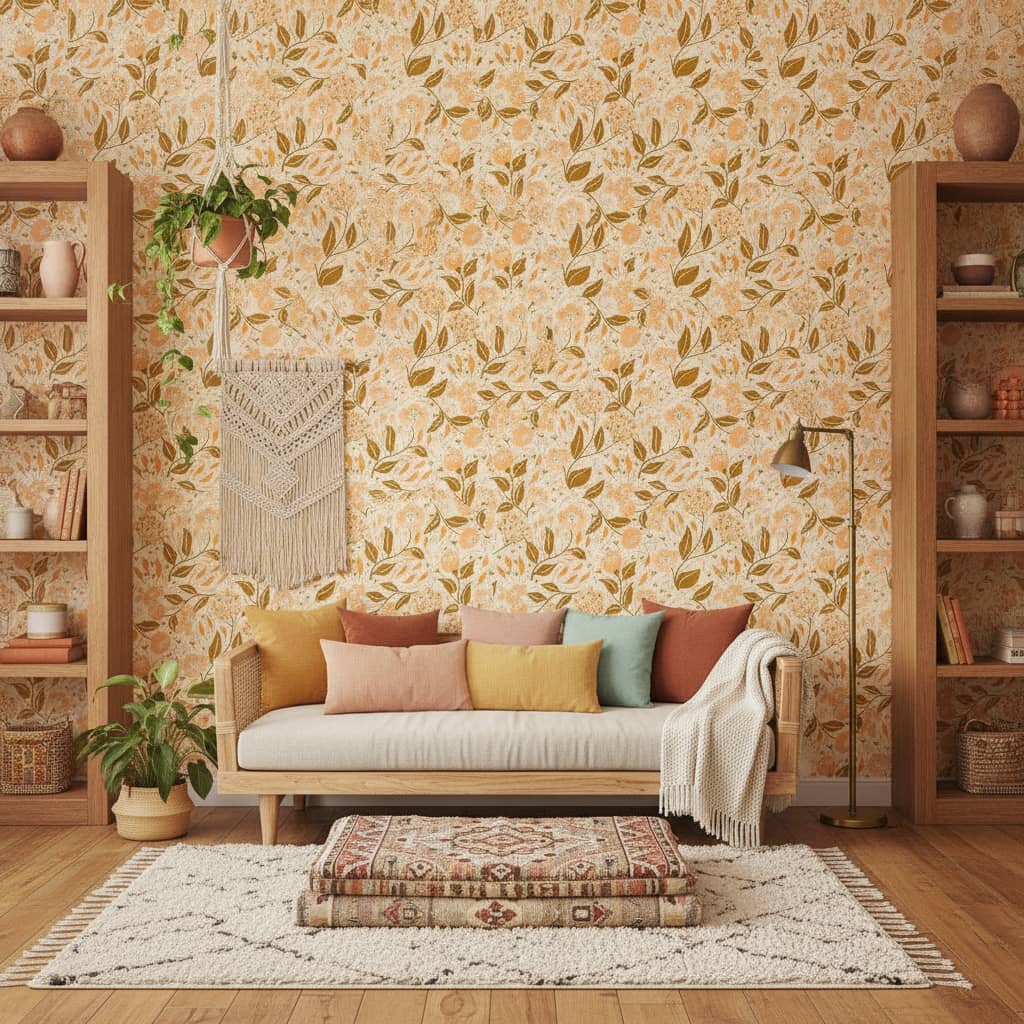 Cottagecore Florals in Tones of Brown and shades of Peach - Canadian-made peel and stick wallpaper from wallpaperonline.ca -