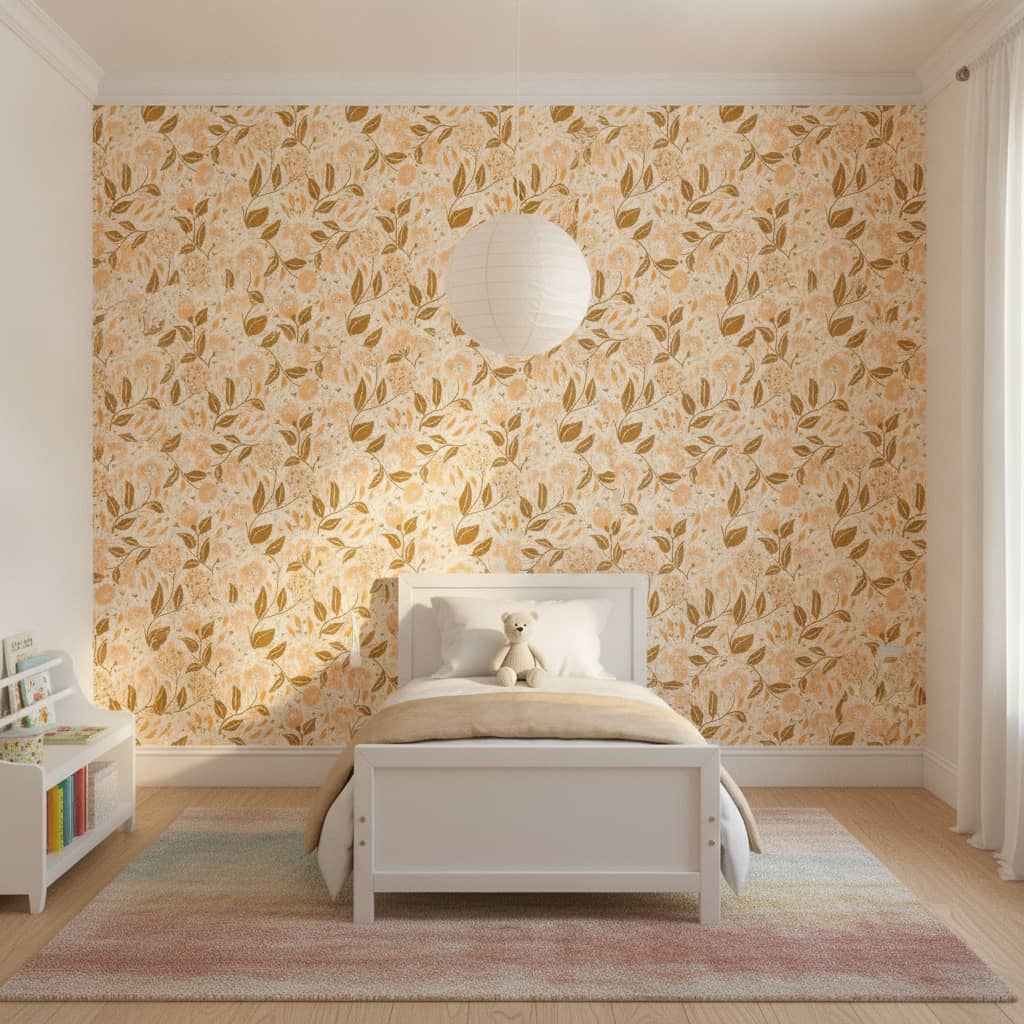 Cottagecore Florals in Tones of Brown and shades of Peach wallpaper in a Children's Room room