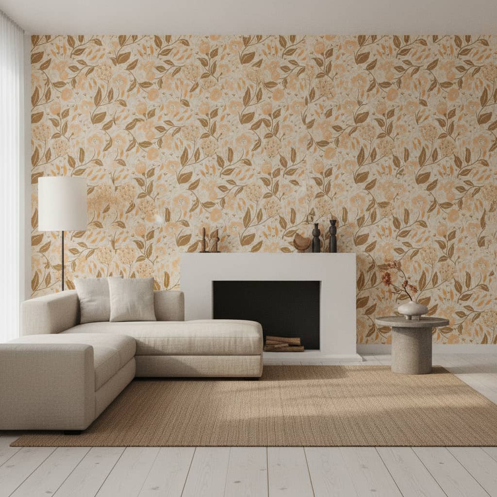 Cottagecore Florals in Tones of Brown and shades of Peach - Canadian-made Botanicals wallpaper from Wallpaper Online Canada