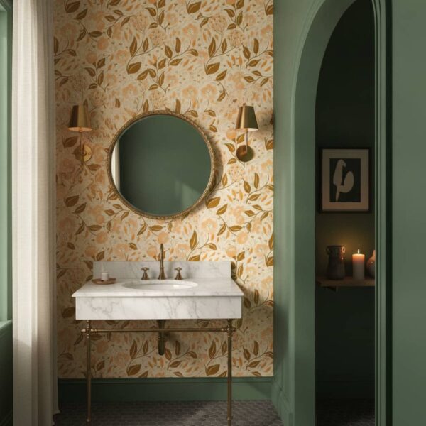 Cottagecore Florals in Tones of Brown and shades of Peach - Canadian-made peel and stick wallpaper from wallpaperonline.ca -