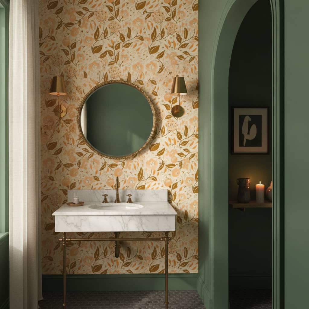 Cottagecore Florals in Tones of Brown and shades of Peach - Canadian-made peel and stick wallpaper from wallpaperonline.ca -