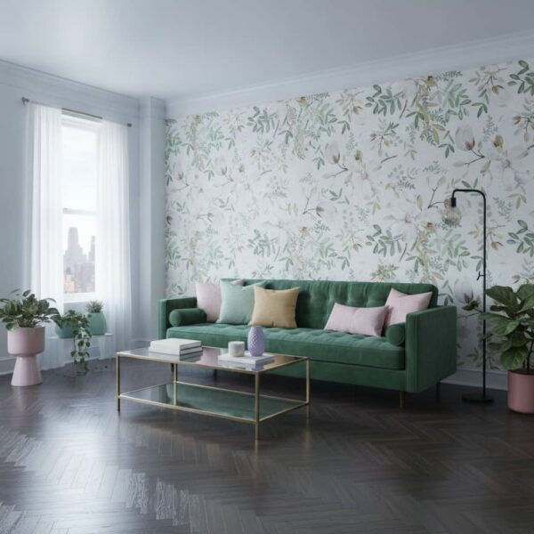 Cream Magnolia Flowers wallpaper in a NYC Apartment room
