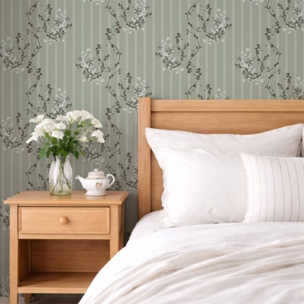 Delicate Flower on Green Stripes shown in a room