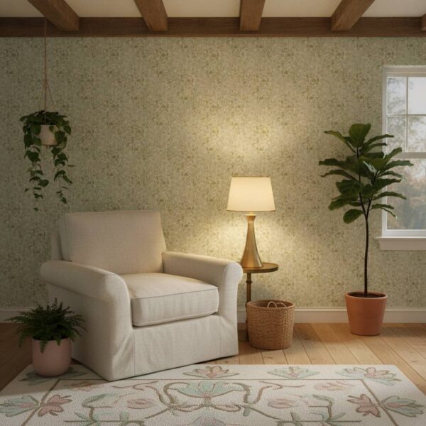 Farmhouse Spring Meadow Floral in Layers of Green, Pink and Cream wallpaper in a Cottage Country room