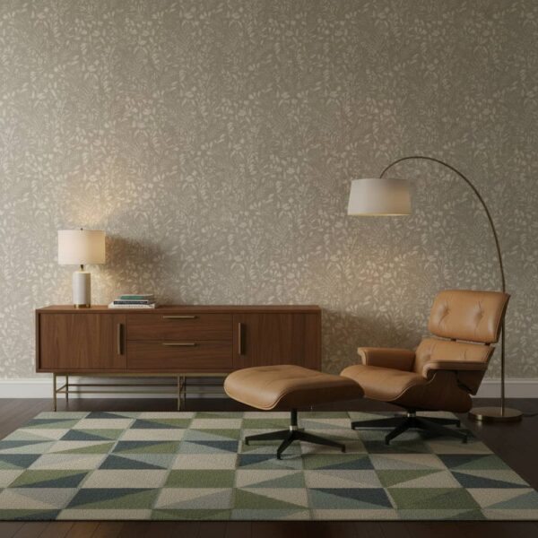Farmhouse Spring Meadow Floral in Tone on Tone Stone wallpaper in a Mid-Century Modern room