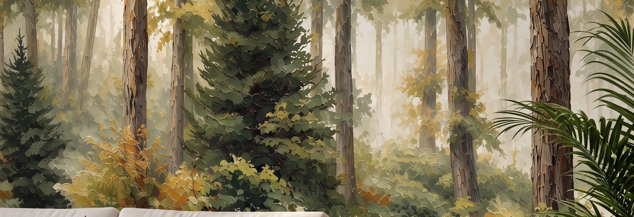 Windmere Forest wall mural behind a cream sofa