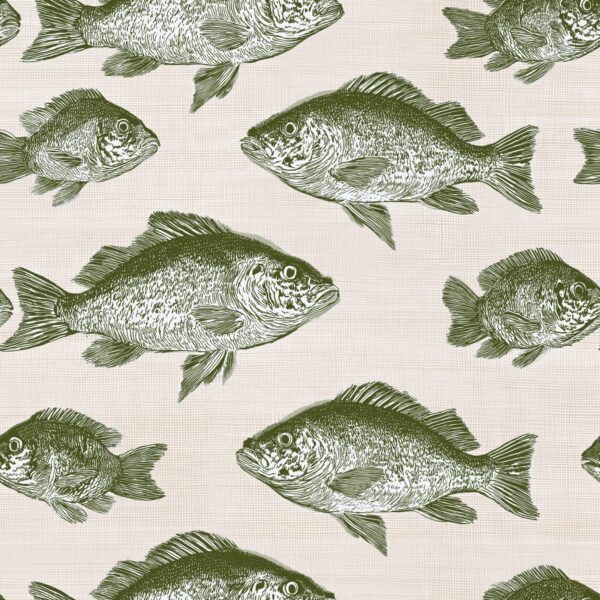 Olive Fish Shoal, fish in olive green, cream, white, beige wallpaper - Wallpaper Online Canada