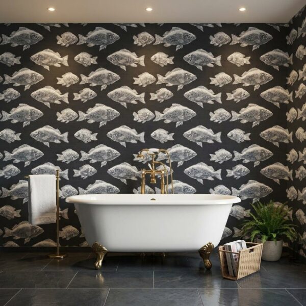 Monochrome Fish Shoal shown in a living room