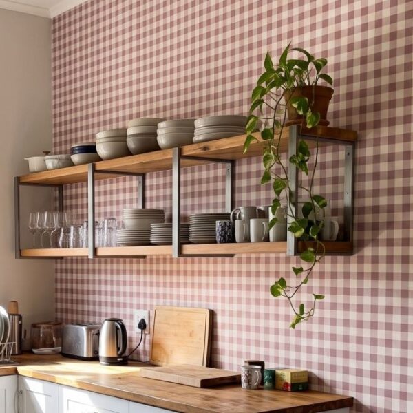 Holly Gingham Oxblood wallpaper close-up on a wall