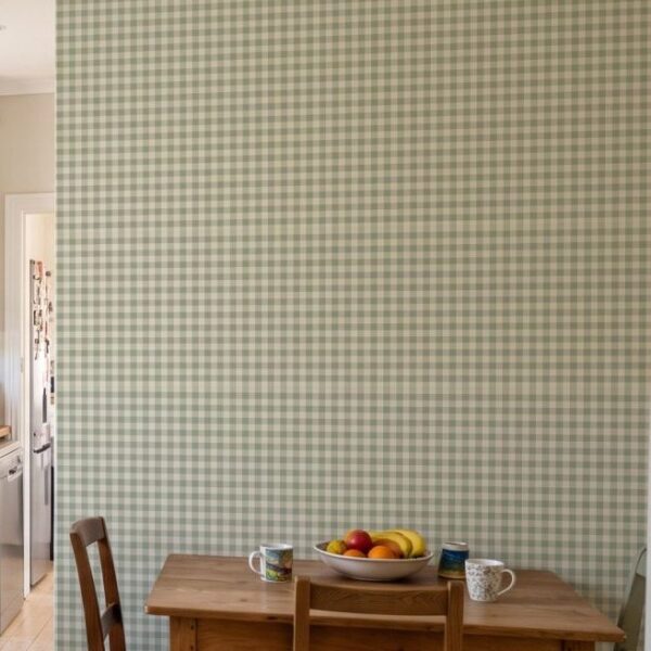 Holly Gingham Sage wallpaper close-up on a wall