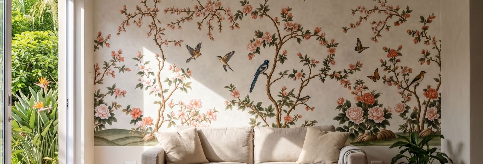 Spring Hillside Chinoiserie Mural in Ivory across a full living room wall