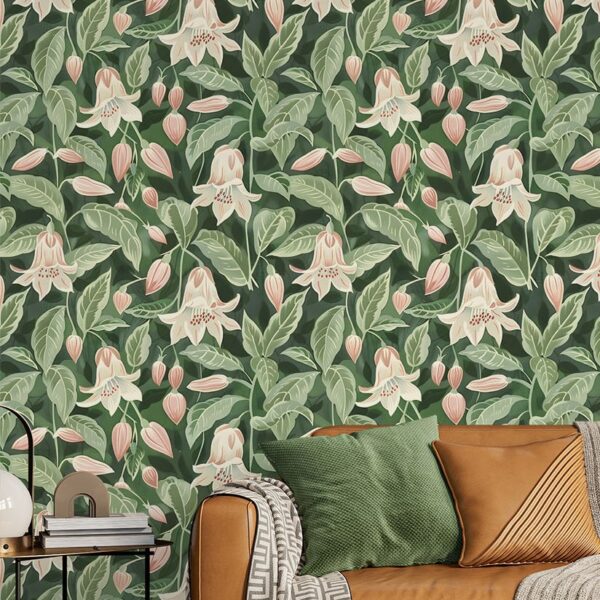 Moonflower Grand Vert Wallpaper wallpaper close-up on a wall