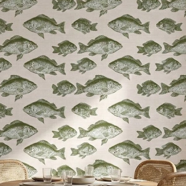 Olive Fish Shoal wallpaper close-up on a wall