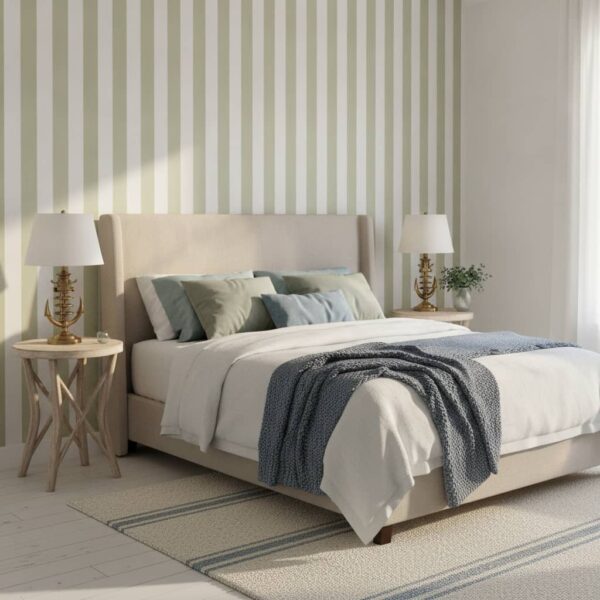 Olive Green and White Stripe wallpaper in a master bedroom · coastal room