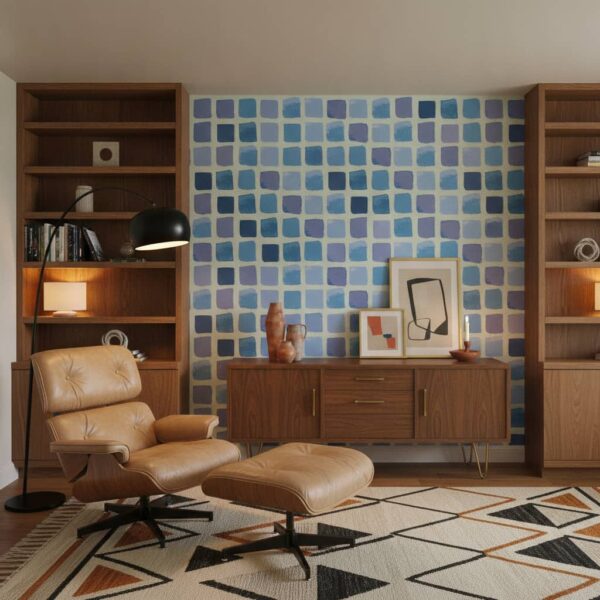 Painted Squares wallpaper in a Mid-Century Modern room