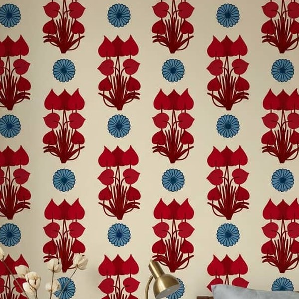 Retro Red and Blue Floral Wallpaper