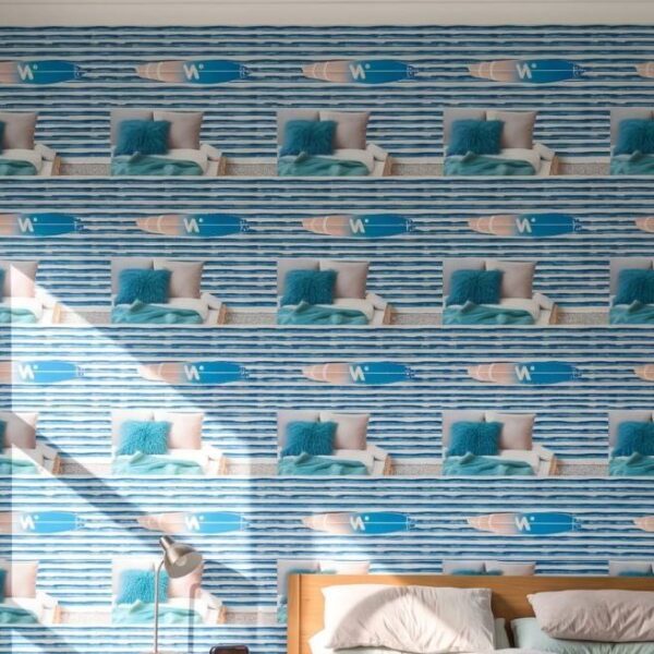 Sea & Sky Gouache Stripes Wallpaper wallpaper close-up on a wall