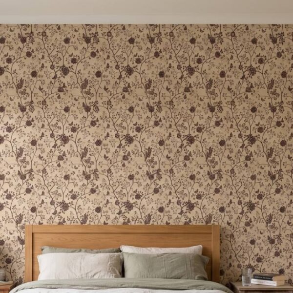 Sepia Rose Trellis wallpaper close-up on a wall
