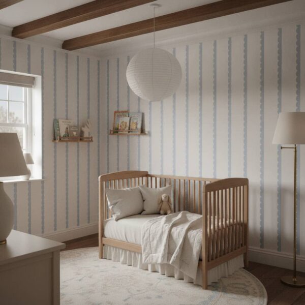 Sky Blue Scallop Stripes wallpaper in a nursery · cottage country room