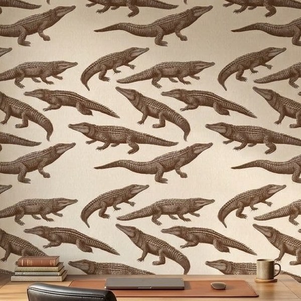 Smile Crocodile Brown wallpaper close-up on a wall