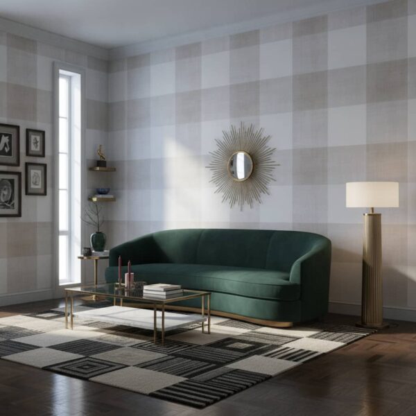 Soft Beige Gingham Plaid wallpaper in a Art Deco room