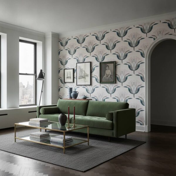 Teal Lotus Flower wallpaper in a NYC Apartment room