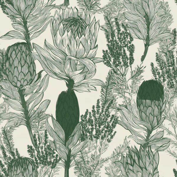 Protea Fynbos, botanical protea flowers in green and cream wallpaper - Wallpaper Online Canada