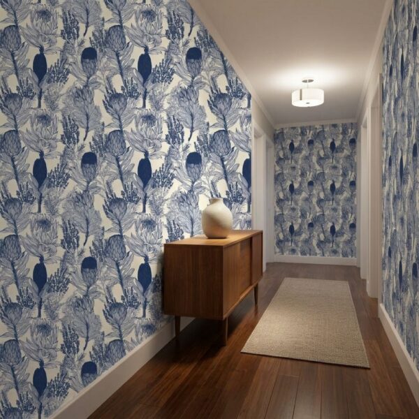 Navy Protea Sketch shown in a living room
