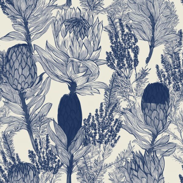 Navy Protea Sketch, protea and fynbos botanicals in navy and cream wallpaper - Wallpaper Online Canada