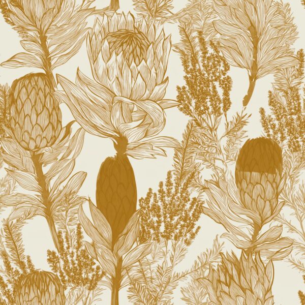 Protea Line Art, protea flowers and fynbos in ochre, gold and cream wallpaper - Wallpaper Online Canada