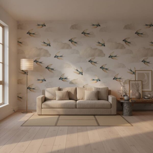 Watercolor Swallows on Grey - Canadian-made Birds wallpaper from Wallpaper Online Canada